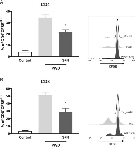 FIGURE 4. S and N recombinant proteins of SARS-CoV-2 reduce mitogenic T cell responses. CFSE-labeled PBMCs from HVs were stimulated or not with the mitogen PWD (2.5 µg/ml) in the presence or absence of SARS-CoV-2 S and N proteins (250 ng/ml S + N each) for 5 d. Percentages of proliferative population (defined as CFSE dim/low) on CD4+ (A) and CD8+ (B) cells measured by FACS (n = 4). Representative flow cytometry histogram plots of CFSE fluorescence in proliferative CD4+ (A) and CD8+ (B) cells are shown in right panels. *p < 0.05, Mann–Whitney t test versus PWD.