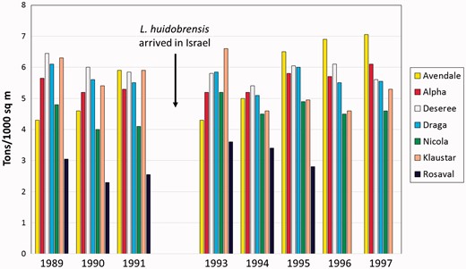 Potato yields in seven varieties of potatoes in Israel before and after arrival of Liriomyza huidobrensis. The potato yields for the year that the leafminer arrived were intentionally removed to emphasize lack of yield changes.