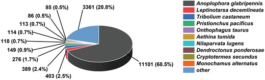 Species distribution of BLASTx matches the unigenes of M. alternatus non-overwintering and overwintering larvae. Each piece of fan indicates the number and ratio of the top BLASTx matches against the Genebank non-redundant (NR) database for various species.
