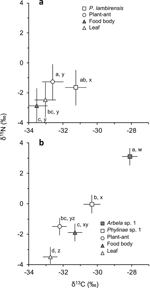 δ15N and δ13C values (least squares mean ± SE) for a) Pilophorus lambirensis on Macaranga hosei and M. rufescens and for b) Phylinae sp. 1 and Arbela sp. 1 on M. beccariana relative to plant-ants, food bodies, and leaves of their host. a, b, c, and d represent significant differences at P < 0.05 (Tukey–Kramer HSD post hoc test) for δ15N, whereas w, x, y, and z represent significant differences for δ13C.
