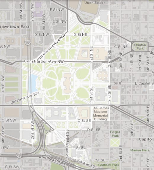 This downtown street map of Washington D.C. highlights the overall property managed by the AOC. The lighter-colored portions depict the buildings, greenspaces, and thoroughfares under AOC jurisdiction. Greenspaces are colored green, buildings, and other hardscapes are colored gray or beige, and water features are represented in blue.