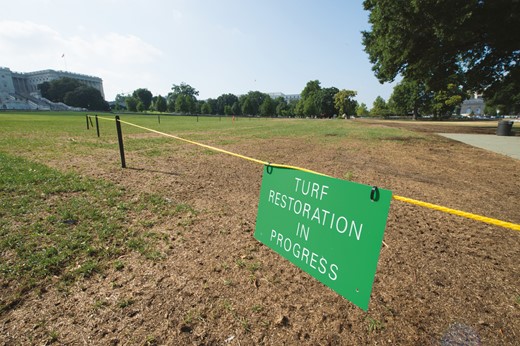 Without proper ground protection, heavy machinery significantly damages turfgrass lawns on the U.S. Capitol Grounds and requires immediate restoration efforts to prevent further turfgrass decline in affected areas.