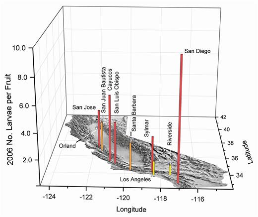 2006 olive fruit fly larval infestations in fruit from the California coast and at the northern end of the Central Valley. Sylmar is a historic olive-growing region. The vertical scale has been increased to show the extremely high infestation found in San Diego in large-size olives. White bars indicate about 0.5, yellow about one, orange about two, and red about three or more maximum larvae per fruit in multiple samples of about 350 olives.