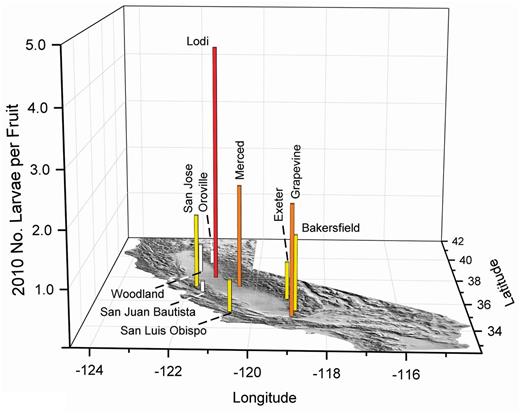 2010 olive fruit fly larval infestations in fruit from the California coast, foothill, and Central Valley locations. The vertical scale has been increased to include the high infestation found in Lodi. White bars indicate about 0.5, yellow about one, orange about two, and red with three or more maximum larvae per fruit in multiple samples of about 350 olives.