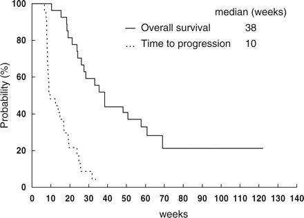 Time to progression and overall survival curves of total patients.