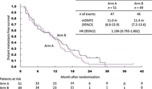 Kaplan–Meier curves for distant metastasis-free survival. mDMFS, median distant metastasis-free survival time.
