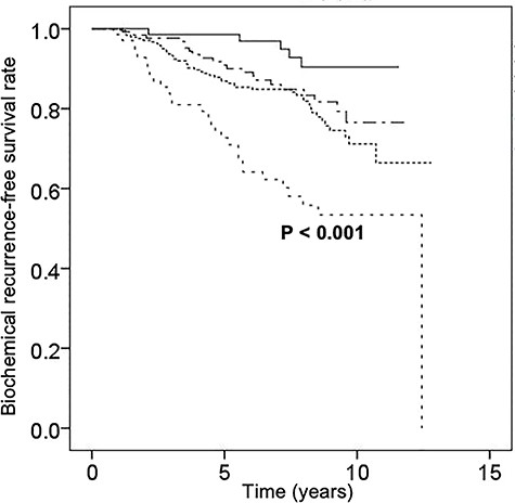Kaplan–Meier curves of biochemical recurrence-free survival in patients with favorable intermediate-risk prostate cancer (n = 74, continuous straight line), with unfavorable intermediate-risk prostate cancer (n = 127, uneven dotted line), with National Comprehensive Cancer Network (NCCN)-high-risk prostate cancer (n = 242, even dotted line) and with NCCN-very-high-risk prostate cancer (n = 69, spaced even-dotted line).