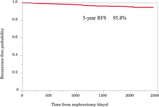 Kaplan–Meier curve showing recurrence-free probability after surgery.