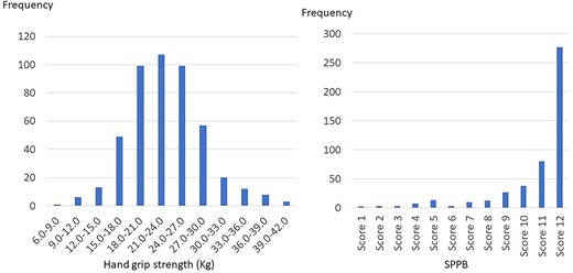 Frequency distribution bar graphs regarding hand grip strength and SPPB score.