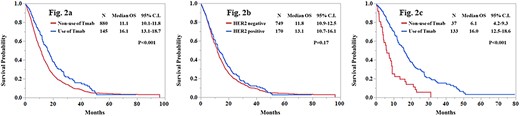 Kaplan–Meier estimates of overall survival according to the use of Tmab (a), HER2 status (b) and the use of Tmab among HER2 positive patients (c). OS, overall survival; CI, confidence interval; Tmab, trastuzumab; HER2, human epidermal growth factor receptor 2.