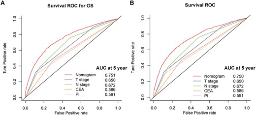 Survival ROC curves of nomograms and other risk factors for overall survival (A) and cancer-specific survival (B) prediction.