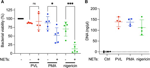 PVL-induced NETs do not kill MRSA. (A) Primary human neutrophils were stimulated with PVL (100 nM), PMA (100 nM), or nigericin (30 µM) for 4 h to induce NETs. MRSA was incubated with these NETs for 1 h and colony-forming units was quantified after overnight incubation on TSA plates. Bacterial viability is expressed as a percentage of colony-forming units normalized to MRSA incubated in the absence of NETs. (B) The DNA content of PVL-, PMA-, and nigericin-induced NETs at 4 h was quantified by spectrophotometry. (A) Mean ± SD of 5 independent experiments. *P < 0.05, *** P < 0.001, 1-way analysis of variance. (B) Mean ± SD of 4 independent experiments. ns = not significant.