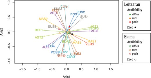 Fuzzy principal component analysis (FPCA) of the invertebrate traits in diet and availability in the stream. Arrows represent trait categories (see abbreviations in Table 1). Each trait is represented in a different color.