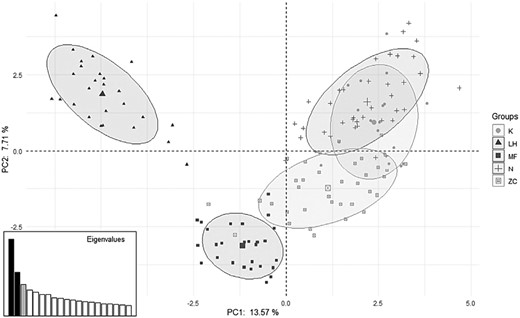 Results of principal component analysis (PCA). Axes represent loadings onto components 1 and 2. Sampling sites K, N, and ZC are located within the same forest. LH = Lipowe Hills; MF = Muszkowice Forest; K = Krzywina; N = Nowolesie; ZC = Źródła Cyryla.