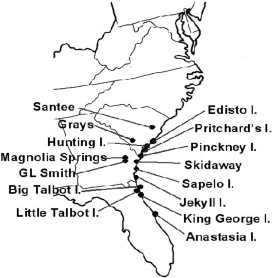 Fifteen collection sites in South Carolina, Georgia, and Florida from which I. scapularis were collected and screened.