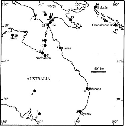 Southwest Pacific region showing the collection sites for mosquitoes of the Culex sitiens subgroup. Specific localities are summarized in Table 1.