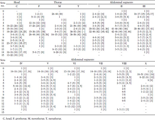 Larval setal branching for An. pseudopunctipennis: range mode (in parentheses) based on counts made on 12–22 setae of the neotype and alloneotype, and 20 specimens collected with them; male neotype is shown in brackets