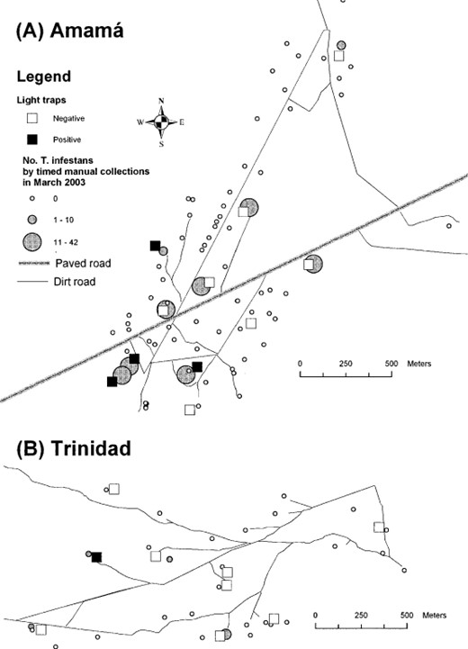 Map of Amamá (A) and Trinidad (B) indicating the location of light traps, whether they collected T. infestans or not, and the number of T. infestans collected by timed catches in March 2003.
