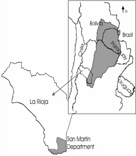 Location of the San Martin Department within the La Rioja Province (Argentina). The inset shows the Gran Chaco region (hatched pattern), where active vectorial transmission occurs heterogeneously around the region in Argentina.