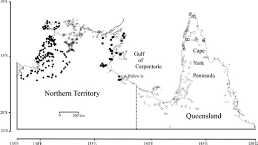 Anopheles collection sites in northern Australia showing sampling localities by year. Sampling localities: +, 1985; □, 1986; ○, 1987; ■, 1988; ⊗, 1989; ●, 1990; and x, 1991.
