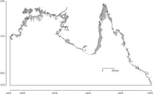 GARP predicted range of An. farauti s.s. in northern Australia based on eight significant layers (elevation, diurntemp, mintemp, rangetemp, seastemp, dp9jul, dp3jul, and rh3jul) identified by boundary U-test.