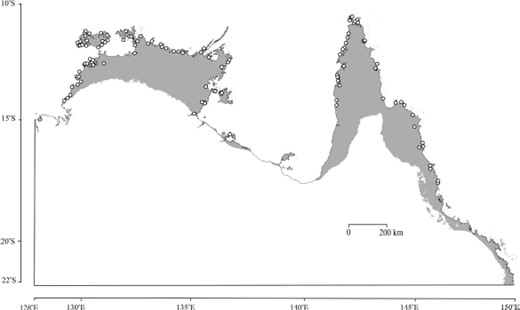 GARP predicted range of An. farauti s.s. in northern Australia based on seven significant layers (diurntemp, mintemp, rangetemp, seastemp, dp9jul, dp3jul, and rh3jul) identified by range boundary U-test but omitting elevation. Note the broad inland predictions in spite of no records so far from the coast.