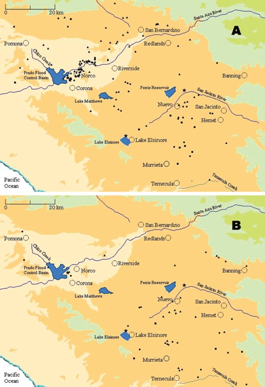 WNV infection of horses during 2004 (A) and 2005 (B) by date of infection: June–July (▲), August (●), and September–October (■). Trapping sites for this study are indicated by (⋆).