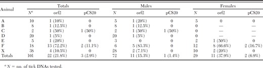 Results of pCS20 and map1-like (orf2) PCR testing for E. ruminantium