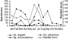 Rainfall and annual distribution of mosquitoes eggs (Ae. albopictus, Ae. aegypti, and Hg. leucocelaenus) captured in ovitraps located in the Parque das Dunas de Natal, Brazil, from January to December 2004.