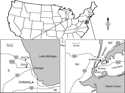 Map showing locations of populations used in this study. Maps of individual sites are at the same scale.