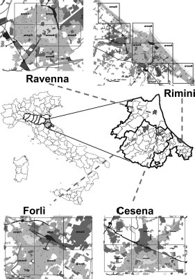 Location of the four study towns in the Emilia-Romagna region and subdivision into quadrants (sampling zones). Light gray and gray represent the residential areas, dark gray represent industrial and commercial areas, and black lines represents the road and train networks. The small gray dots indicate the ovitrap stations.