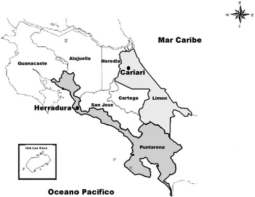Provinces in Costa Rica, where Ae. aegypti strains were collected. Herradura locality, Jaco District, and Garabito canton (Puntarenas Province). Cariari locality, Cariari District, Pococí canton (Limon Province).
