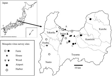 Map showing survey sites for virus isolation in Toyama Prefecture from 2004 to 2009. Marks denote the corresponding sites as indicated in the box where mosquitoes were collected for virus isolation. Filled marks indicate the sites where CxFV-positive mosquitoes were collected.