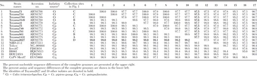 Nucleotide and amino acid identities of the complete genomes among CxFVs