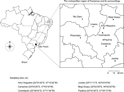Map showing the study sites (adapted from Moretti et al. 2011b).
