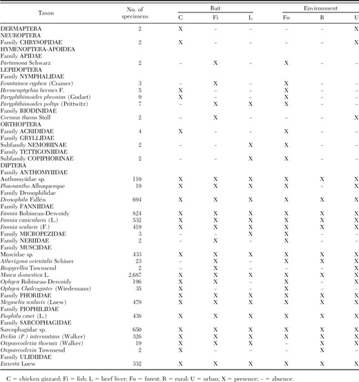 Abundance and occurrence by type of bait and environment of insects caught in the six municipalities during the collection period (n = 8,265; not including ants and blow flies)