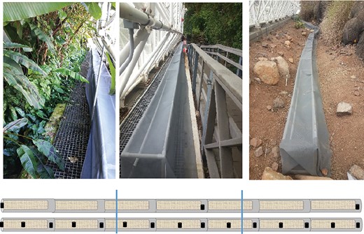 Images of the flight cages in each of the model ecosystems, from left to right: tropical rainforest, savanna, coastal fog desert. Below the photographs are schematics of the experimental cages, with the sparse oviposition condition represented above and the dense condition below. The black squares represent oviposition containers and the vertical lines indicate how the cages were divided into proximal, medial, and distal sections for analysis.