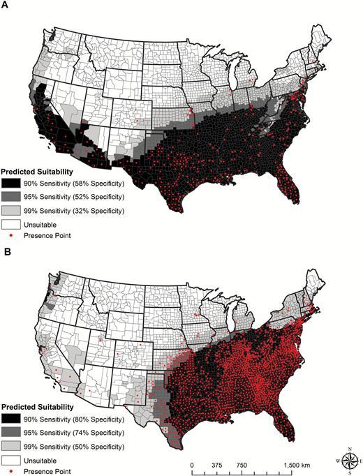 Modeled suitability maps for (a) Ae. aegypti and (b) Ae. albopictus. The red points show the presence records from 1960 to 2016 used to build the models. Darker shading indicates a higher probability of suitability, as described in the text. Cut-off probabilities for Ae. aegypti are 0.36, 0.22, and 0.057 and for Ae. albopictus are 0.33, 0.25, and 0.03, for the 90, 95, and 99% sensitivity thresholds, respectively.