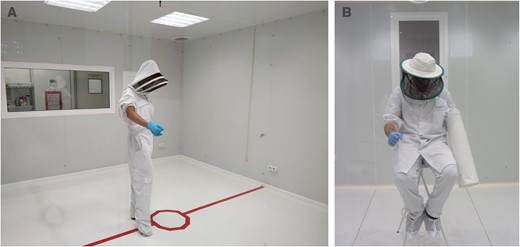 The room test. (a) Study participant dressed in the protective suit exposing a forearm and (b) study participant whose treated forearm is covered with a plastic tube that is not in contact with the skin so as to avoid repellent removal during the test.