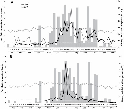 (A) Average number of Ae. aegypti eggs per total ovitraps/house per week; (B) average number of adult Ae. aegypti (females and males) collected in 24-h cycles at BG traps/houses per week and average temperature (dotted gray line) and monthly rainfall (gray bars) during 2017 in SPC and TAH. The dotted horizontal line represents the weekly average of Aedes abundance for both localities during the dry season (W1–W20).
