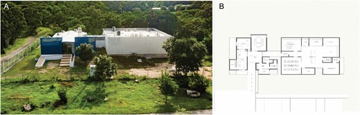 (A) Laboratory for biological control of Ae. aegypti of the Autonomous University of Yucatan (LCB-UADY) and (B) architectonic design details of the facility.