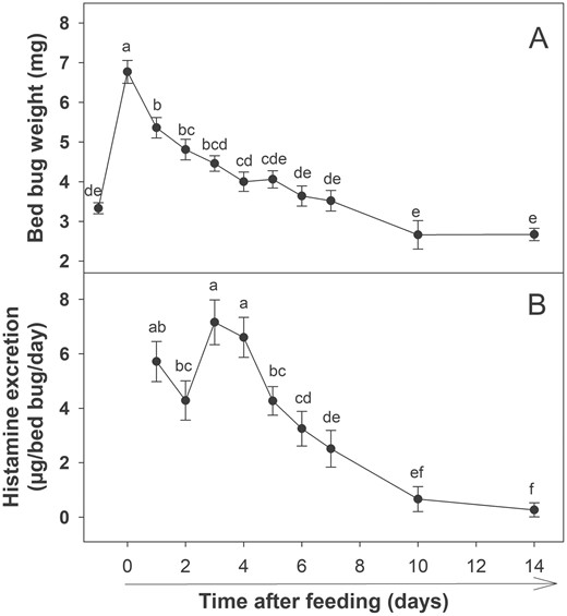 Histamine excretion by bed bugs over time after a single bloodmeal. (A) Bed bug weights after feeding. First and second data points represent average starved and fed weights, respectively. (B) Histamine excretion over time after a single bloodmeal. Different lower case letters indicate significant differences in body weights or histamine excretion between various time points (Repeated measures ANOVA followed by LSD test; P < 0.05).