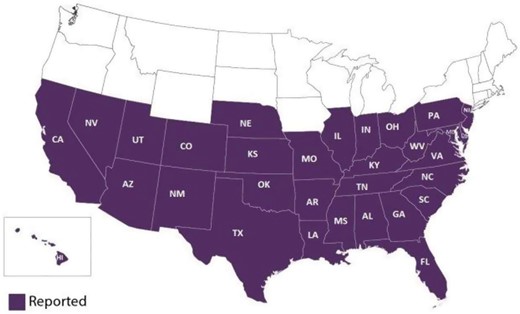States where kissing bugs have been reported. Image from Centers for Disease Control and Prevention (CDC 2022).