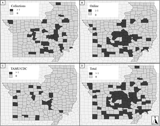 County locations of kissing bug specimens from Illinois and Missouri through 21 October 2022. A) Historical records from INHS, Illinois State Museum, and Enns Entomology Museum; B) records from community-driven platforms (iNaturalist, BugGuide, GBIF); C) records from TAMU Community Science Program and CDC; D) total records from all sources.