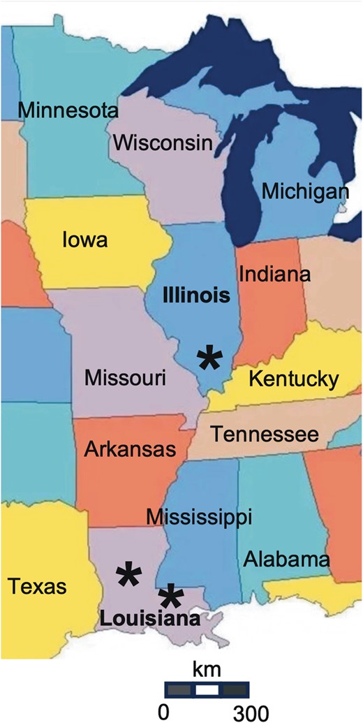 Map of bug collection sites. * indicates the location of bug collections in Illinois and Louisiana.