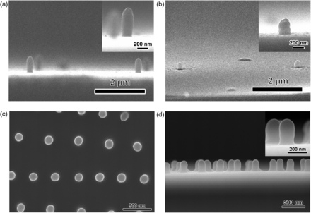 FE-SEM images of conjugated polymer nanorods fabricated by a spot beam. The side views of the (a) polypyrrole and (b) polyaniline nanorods. (c) Top and (d) side view of the EB-P3HT nanorods. The insets are high magnification images of the nanorods.