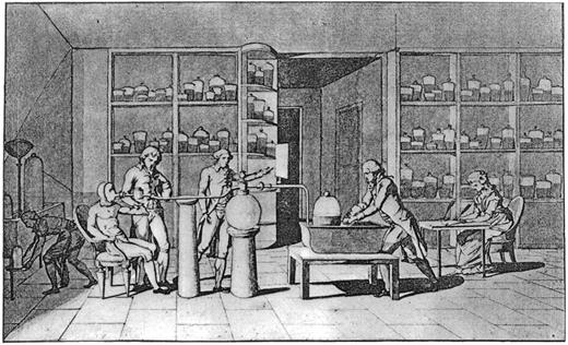 Schematic drawing by Mme. Lavoisier of her husband measuring the carbonic acid output of his collaborator Armand Seguin, while she noted down the results. (Wellcome Institute, London)