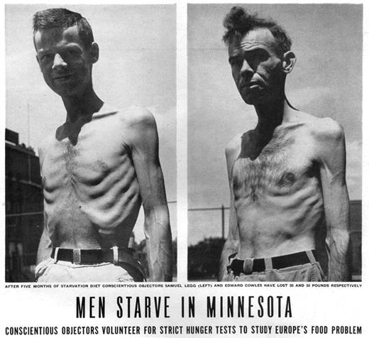 Life magazine photograph of conscientious objectors during starvation experiment. July 30, 1945. Volume 19, Number 5, p. 43. Credit: Wallace Kirkland/Time Life Pictures/Getty Images.