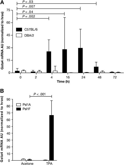 Expression of glutathione S-transferase α4 (Gsta4) mRNA in the epidermis of various inbred mouse strains following treatment with 12-O-tetradecanoylphorbol-13-acetate (TPA). A) Time course of Gsta4 mRNA accumulation in TPA promotion resistant C57BL/6 mice vs sensitive DBA/2 mice. Groups of three female C57BL/6 or DBA/2 mice were treated once topically with 6.8 nmol TPA or acetone (vehicle) and killed by cervical dislocation at the indicated time points. The dorsal skin was removed and total RNA was harvested from epidermal scrapings from individual mice. The levels of Gsta4 and Hras1 mRNA were assessed by quantitative polymerase chain reaction (qPCR). For all qPCR experiments, Gsta4 mRNA levels were normalized to Hras1 expression and presented as arbitrary units (AU). Means and 95% confidence intervals are presented. B) Gsta4 mRNA levels in C57BL/6.Psl1Adba mice (DBA/2 allele of Gsta4) vs C57BL/6.Psl1Fdba mice (C57BL/6 allele of Gsta4) following treatment with TPA. Groups of three female C57BL/6.Psl1Adba or C57BL/6.Psl1Fdba mice were topically treated once with 6.8 nmol TPA or acetone and killed 18 hours later. Epidermal mRNA was harvested from the dorsal skin of individual mice and analyzed for Gsta4 message level by qPCR as described in (A). These experiments were performed in duplicate with similar results. All P values were based on two-sided Student t tests.
