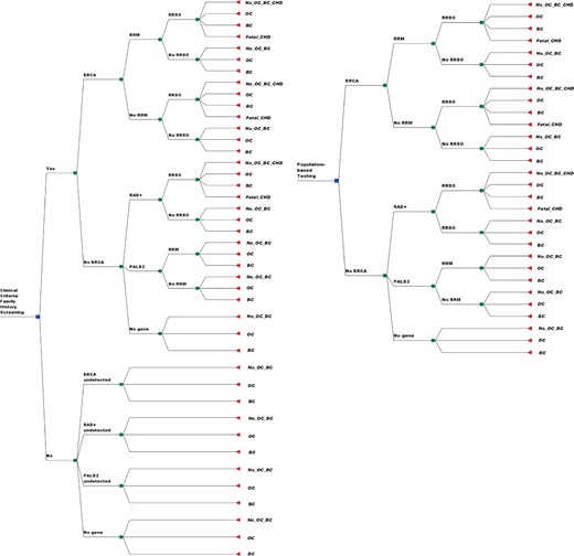 Decision analysis model. The right half of the model reflects a population-based approach to testing from BRCA1, BRCA2, RAD51C, RAD51D, BRIP1, and PALB2 mutations. The left half of the model reflects a clinical criteria/family history–based testing approach for the same. Each decision point in the model is called a “node,” and each path extending from a node is called a decision “branch.” Each branch represents a mutually exclusive course or outcome. Each decision is given a probability highlighted along the decision branch. The probabilities used in the model are explained in Table 1 and Supplementary Table S1 (available online). Values for each outcome are calculated. Cancer incidence was estimated by summing the probabilities of pathways ending in ovarian or breast cancer. Final outcomes of each path include development of breast cancer, ovarian cancer, no breast/ovarian cancer, and excess deaths from coronary heart disease. BC = breast cancer; CHD = coronary haeart disease; ICER = incremental cost-effectiveness ratio; No OC or BC = no ovarian cancer or breast cancer developed; OC = ovarian cancer; QALY = quality-adjusted life-years; RRM = risk-reducing mastectomy; RRSO = risk-reducing salpingo-oophorectomy.